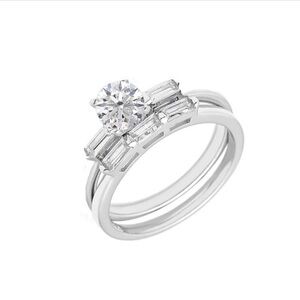 NWT-SS 925 Rhodium Plated Round/Baguette Engagement Ring Set CZ